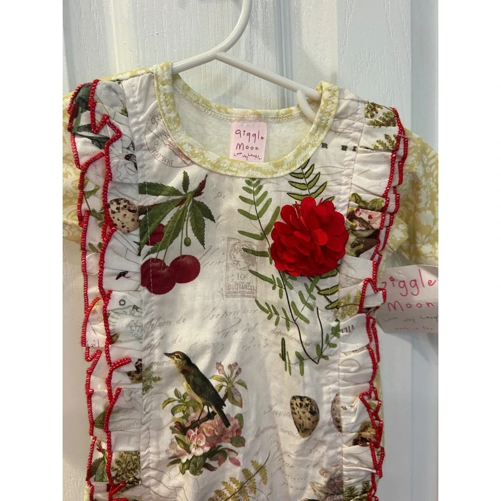 Giggle Moon Baby Girls Botanical Bird‎ Print Ruffle Romper Red 6M NWT k7007